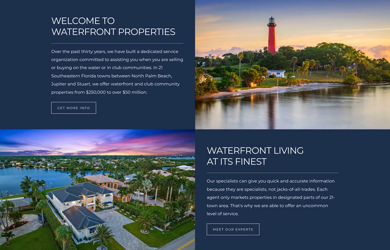 Waterfront Properties and Club Communities Homepage: Split Section